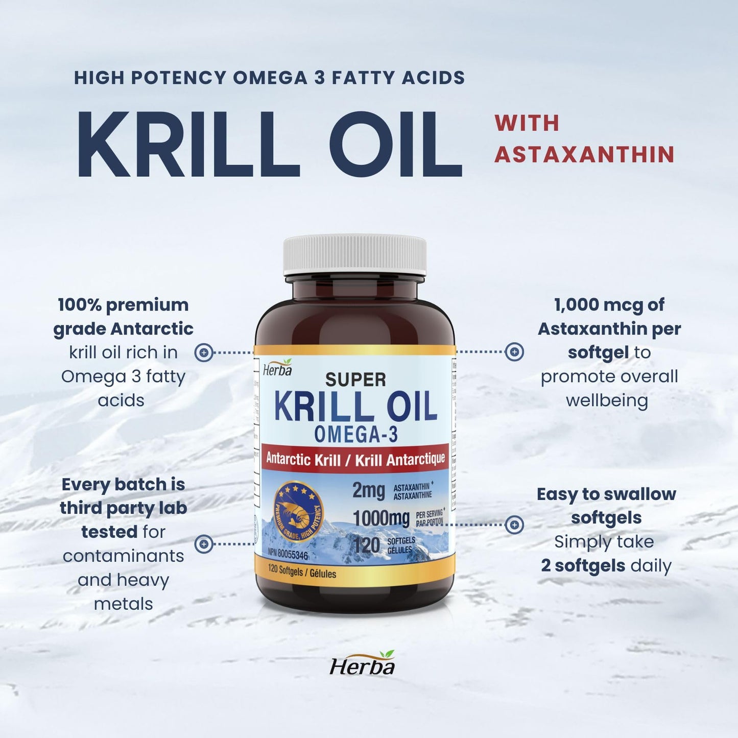 Herba Krill Oil Omega 3 Supplements - 120 Softgels | 1000mg of Antarctic Krill Oil Per Day (2 softgels 500mg each) | Source of Omega 3 Fatty Acids | High Astaxanthin | Premium Grade - 500mg per Soft Gel | Made in Canada - Available at All In One Marketplace Canada