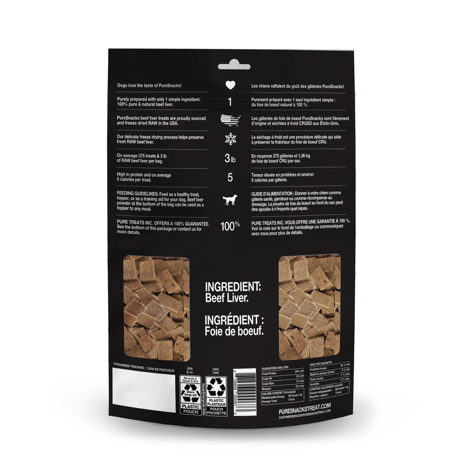 PureSnacks Freeze Dried Beef Liver Dog Treats 14.4oz (410g) | 1 Ingredient | Freeze Dried in the USA | Packaged and Prepared in Canada - Available at All In One Marketplace Canada