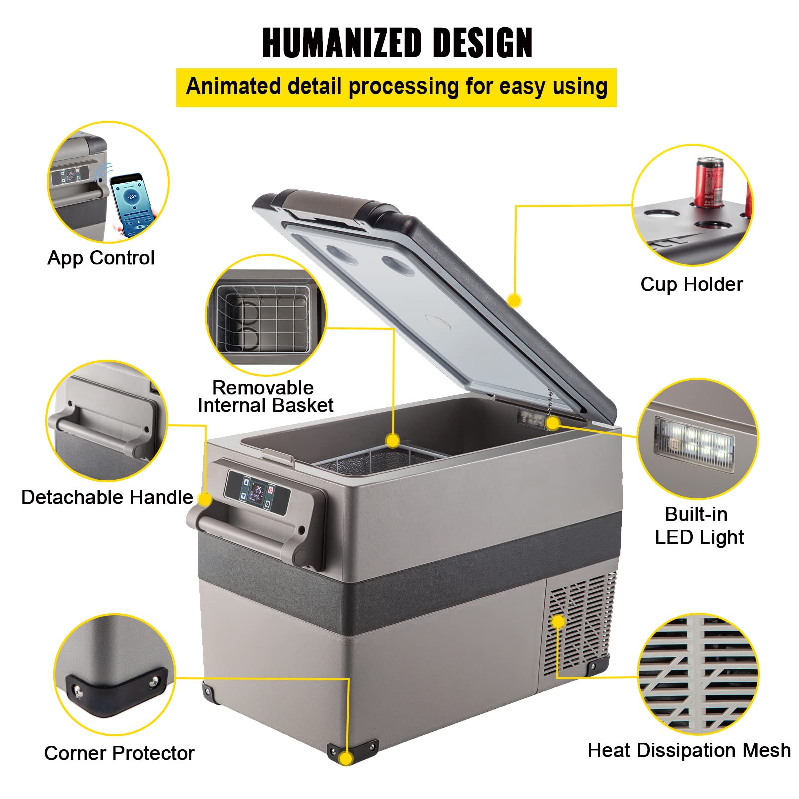 VEVOR 45L Portable Car Refrigerator 48 Quart LG Compact RV Fridge 12/24V DC & 110-240V AC Vehicle Car Truck Boat Mini Electric Freezer for Driving Travel Fishing Outdoor and Home Use -4°F-68°F, Grey VEVOR