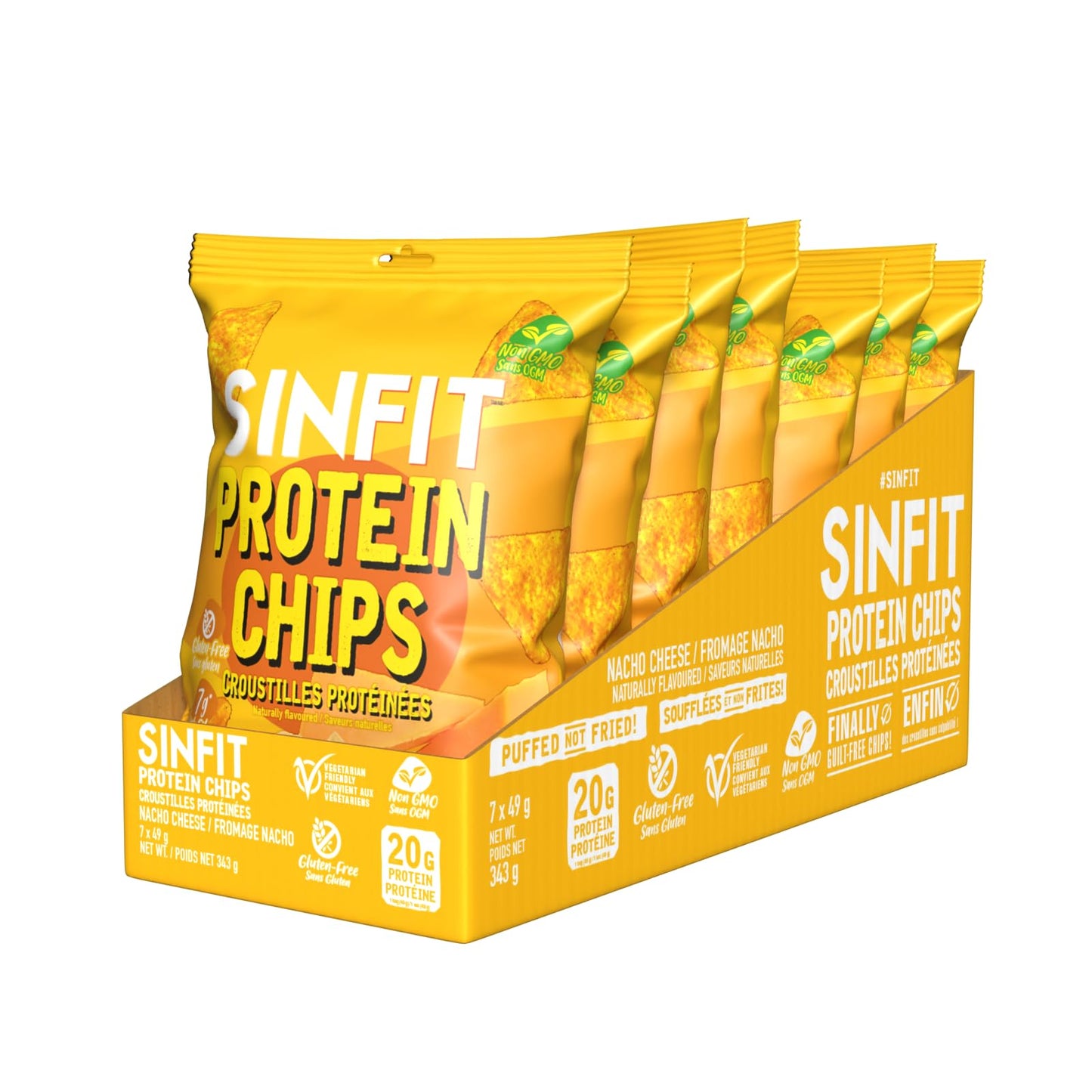 SinFit Protein Chips Nacho Cheese - 20g Protein, High Fiber, Low Carb, Gluten Free (7-Pack)