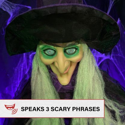 Haunted Hill Farm Life-Size Scary Talking Witch with Broomstick, Halloween Animatronic with Touch Activated Lights and Sound, Battery Operated Indoor or Covered Outdoor Halloween Decorations