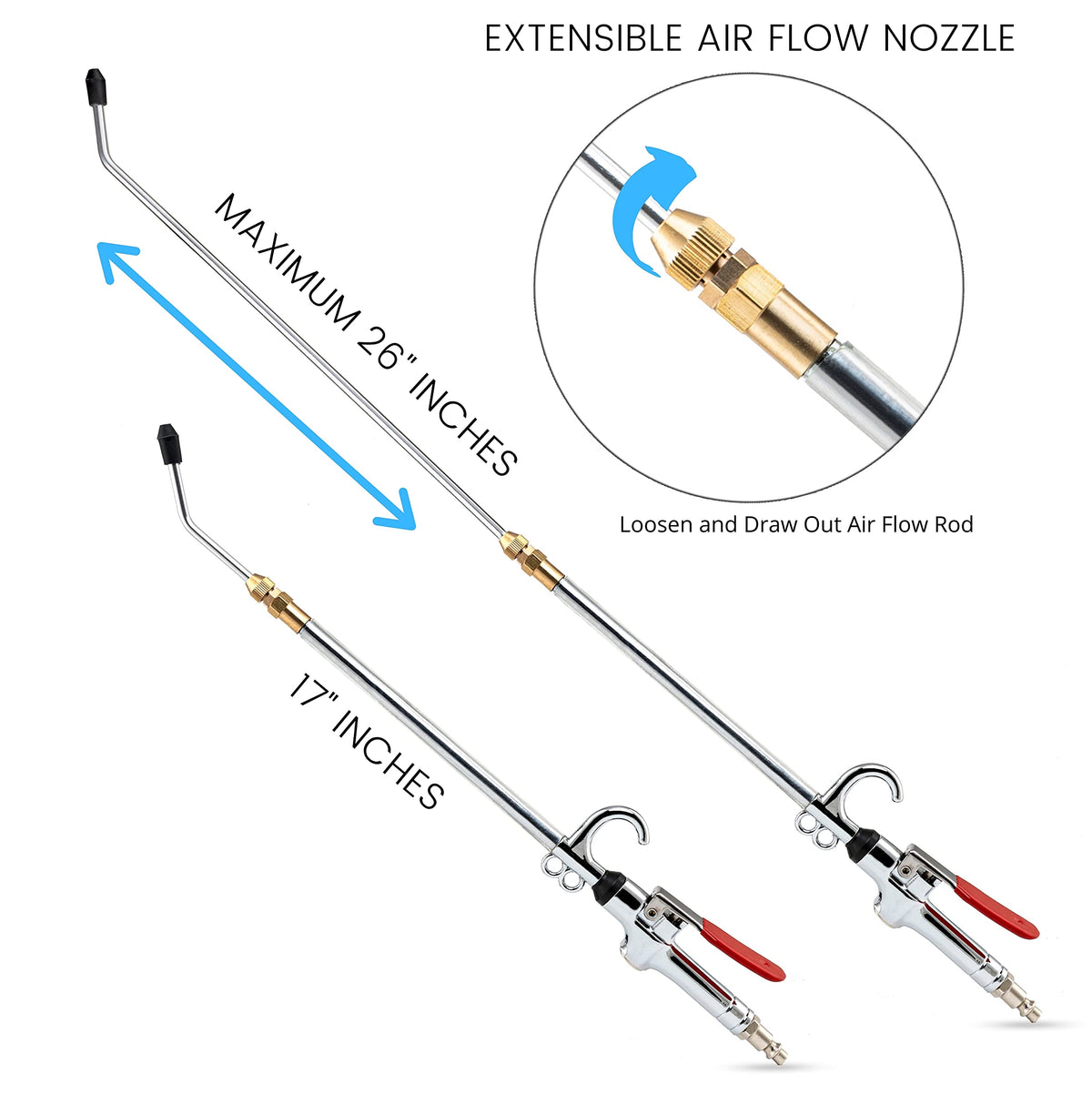 NEIKO 31122A High Flow Air Blow Gun, 17-26 Inch Extensible Air Nozzle Blow Gun, Pneumatic Air Compressor Accessories, Blow Gun Air Tool, Operating Pressure 80-120 PSI, 360 Degree Swivel Hook