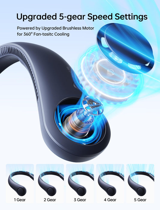 JISULIFE Portable Neck Fan, Hands Free Bladeless Fan, 4000 mAh Battery Operated Wearable Personal Fan, Leafless, Rechargeable, Headphone Design,5 Speeds Gifts for Women Men- Dark Blue