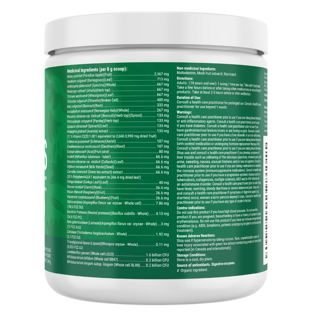 Nested Naturals Super Greens Powder - Organic Daily Greens Superfood Powder w/ 20+ Whole Foods, Spirulina, Wheat Grass & Barley Grass - Probiotics, Fiber & Enzymes - USDA Certified Organic, Original Flavour, 30 Servings - Available at All In One Marketplace Canada