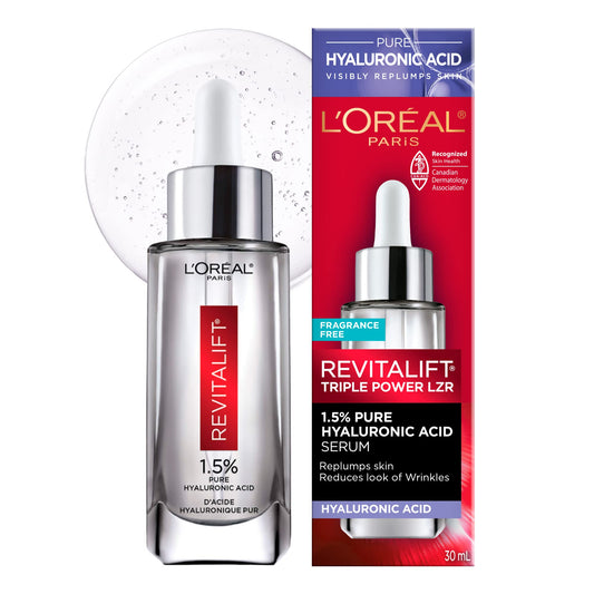 L’Oréal Paris 1.5% Pure Hyaluronic Acid Serum, Hydrates and Plumps Skin, Reduces the Look of Wrinkles, Revitalift Face Serum, For All Skin Tones & Types, Fragrance Free, Non Comedogenic, 30ml - Available at All In One Marketplace Canada
