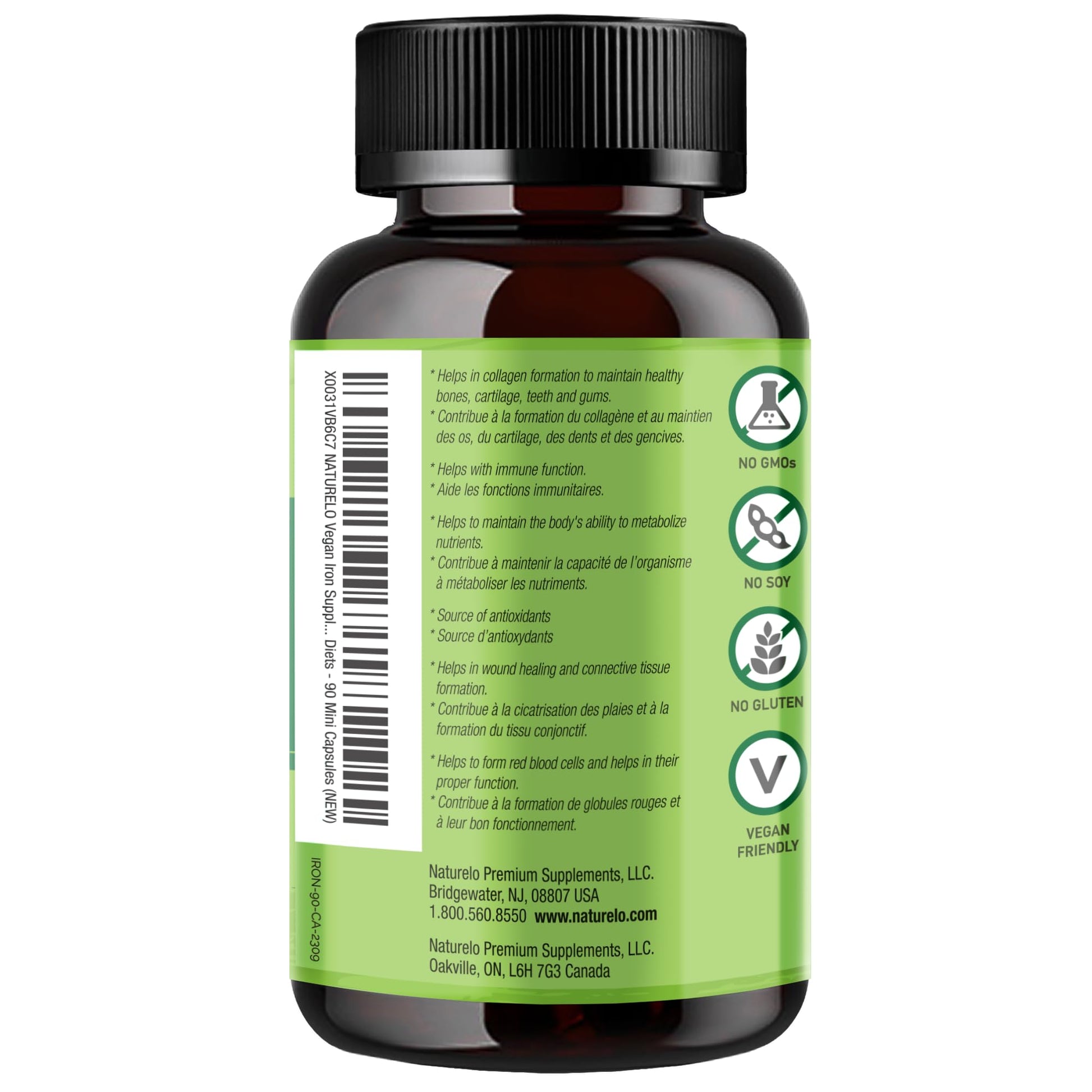 NATURELO Vegan Iron Supplement with Vitamin C and Organic Whole Foods, 90 Capsules, Gentle Iron Capsules for Women & Men with this Mineral Deficiency - Including Pregnancy, Anemia and Vegan Diets - Available at All In One Marketplace Canada