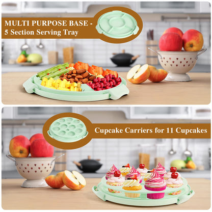 Cake Carrier with Lid and Handle, Cake Stand Cupcake Containers for 10 inch Cake with 2 Handles Cupcake Holder, 3 in 1 Transport Container Boxes for Cake Pie Muffin Pizza，Green Portable Cake Carriers 🍁 All In One Marketplace Canada