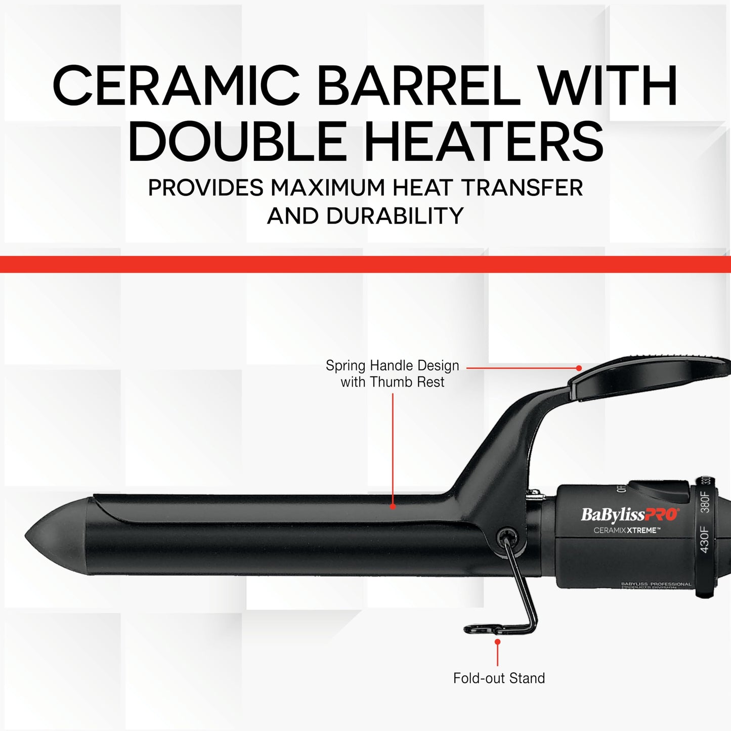 BaBylissPRO Ceramix Xtreme Dual Voltage Ceramic Curling Iron with Far Infrared Heat up to 430°F and Negative Ions, Spring Handle BaBylissPRO
