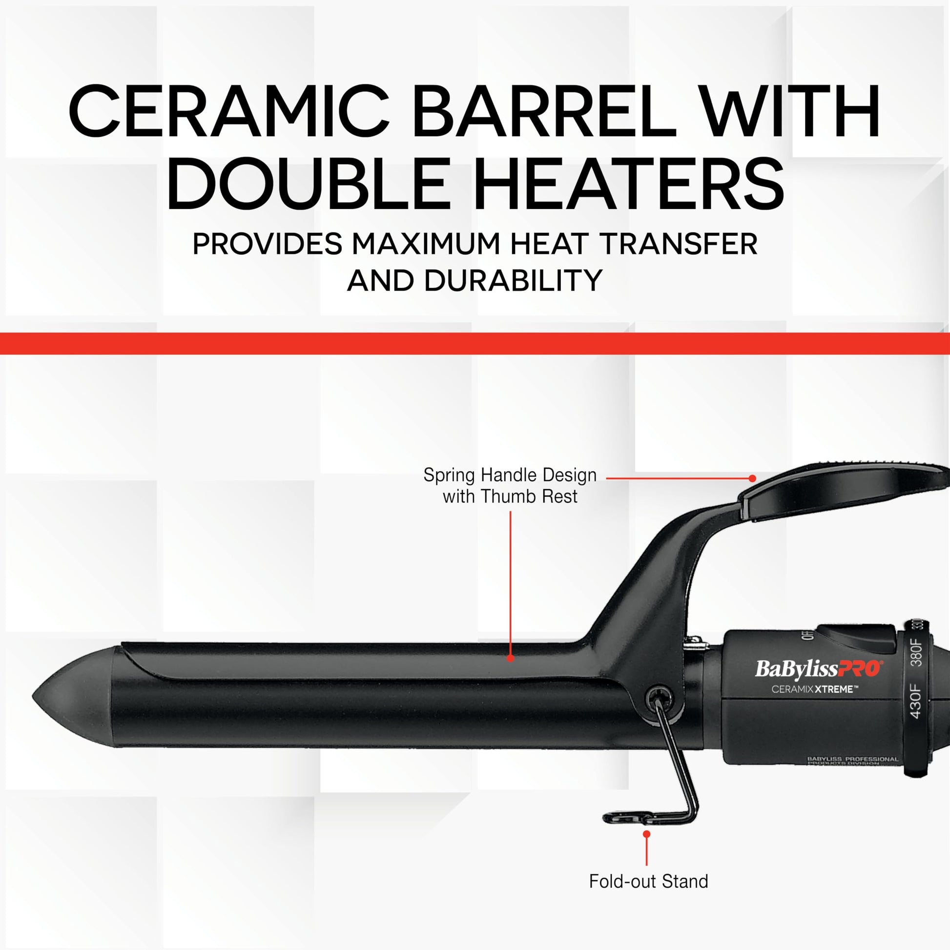 BaBylissPRO Ceramix Xtreme Dual Voltage Ceramic Curling Iron with Far Infrared Heat up to 430°F and Negative Ions, Spring Handle BaBylissPRO