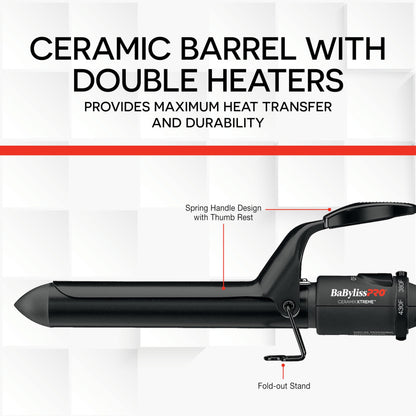 BaBylissPRO Ceramix Xtreme Dual Voltage Ceramic Curling Iron with Far Infrared Heat up to 430°F and Negative Ions, Spring Handle BaBylissPRO