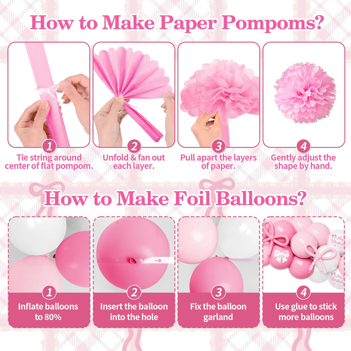 Pink Bow Birthday Decorations, Coquette Party Supplies with Balloons, Fringe Curtain, Birthday Sash, Pink Hair Bow, Tablecloth, Banner, Paper Pompoms, Cake Topper for Women Girls Bday Party Decor 🍁 All In One Marketplace Canada