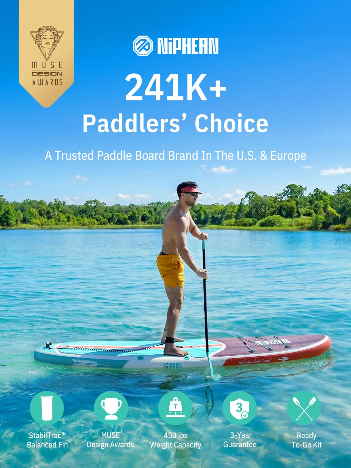 Niphean Inflatable Stand Up Paddle Board with SUP Accessories, 10'6'' All-Round Inflatable SUP, Anti-Slip EVA Deck, Inflatable Paddle Board for Adults & Youth