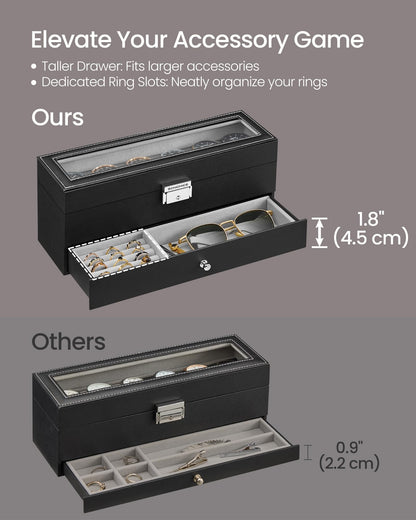 SONGMICS Watch Box, 6-Slot Watch Case Organizer with Large Glass Lid, 2 Layers, Removable Pillows, Metal Lock, Gift for Loved Ones, Black Synthetic Leather, Christmas Gift, Gray Lining UJWB060G01 🍁 All In One Marketplace Canada