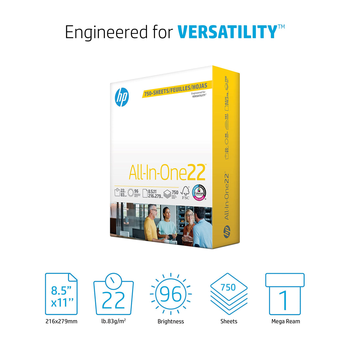 HP Printer Paper 8.5x11 AllInOne 22 lb 1 Bulk Pack 750 Sheets 96 Bright Made in USA FSC Certified Copy Paper HP Compatible 208850R
