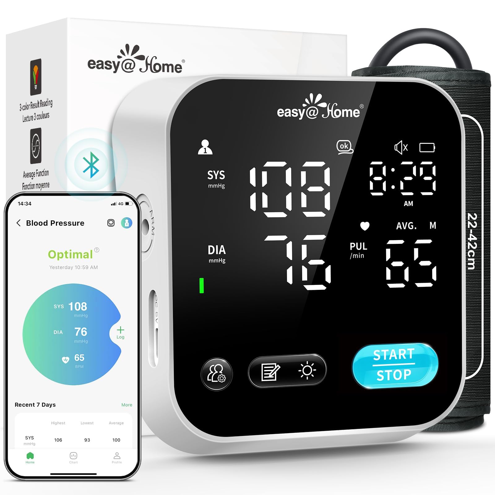 Bluetooth Blood Pressure Machine for Home Use – Easy@Home Smart BP Monitor with Free MyHeartPal App, Voice Function & LED Screen, Supports Apple & Android Devices, EBP-703T - Available at All In One Marketplace Canada