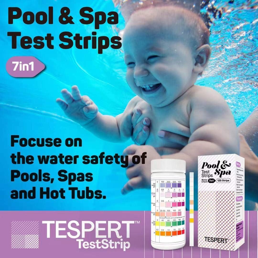 TESPERT Pool and Spa Test Strips Hot Tub Test Strips 7-in-1 125 Strips Pack, Chemistry Test Kit for Test Bromine, Total Alkalinity, pH, Free Chlorine, Total Hardness, Cyanuric Acid, and Total Chlorine