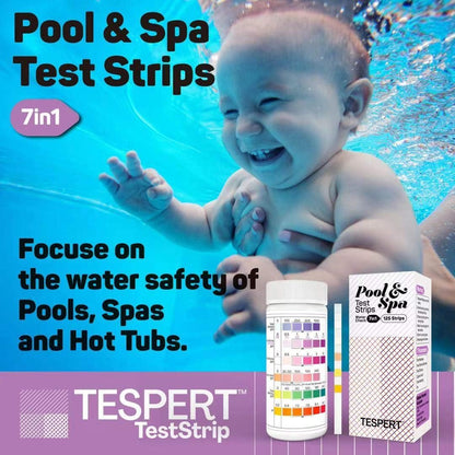 TESPERT Pool and Spa Test Strips Hot Tub Test Strips 7-in-1 125 Strips Pack, Chemistry Test Kit for Test Bromine, Total Alkalinity, pH, Free Chlorine, Total Hardness, Cyanuric Acid, and Total Chlorine