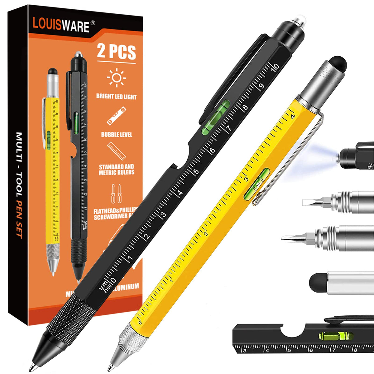 Stocking Stuffers for Men,Dad Present for Men, Christmas Cool Gadgets Present, Multi-Tool Pen 2 Pack 2024 [Stylus, Ballpoint Pen,with 2 Replacement Refills, 4" Ruler, Level, Phillips Screwdriver,LED] 🍁 All In One Marketplace Canada