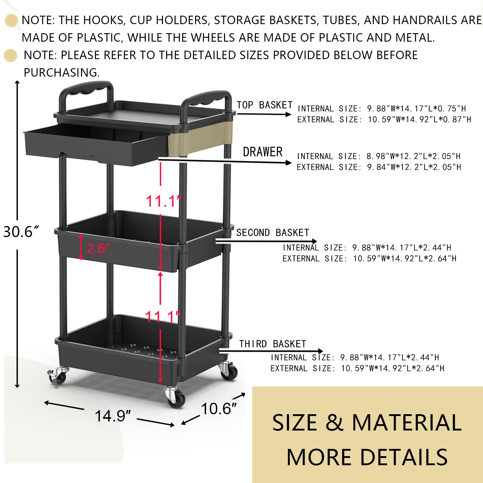 Goovilla 3 Tier Rolling Utility Cart Organizer with Removable Drawer, Stable and Sturdy Black Rolling Storage Carts with 2 Lockable Wheels for Bathroom, Kitchen, Snack, Craft, Makeup, Baby Essentials - Available at All In One Marketplace Canada