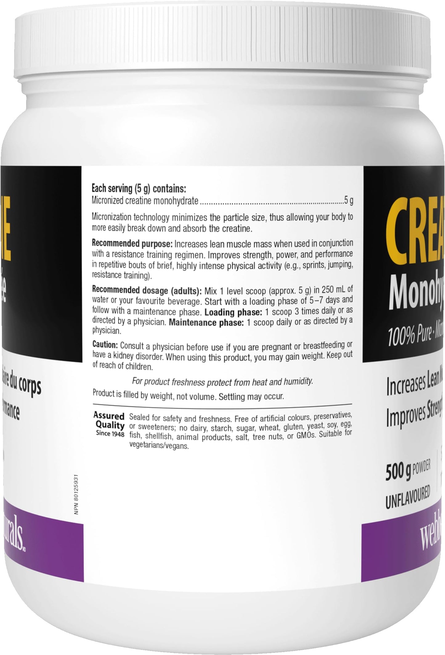 Webber Naturals Micronized Creatine Monohydrate Powder | 5g Per Serving | 100 Servings | Canadian-Made | Vegan | Supports Muscle, Strength & Performance | Unflavored | For Men & Women Webber Naturals