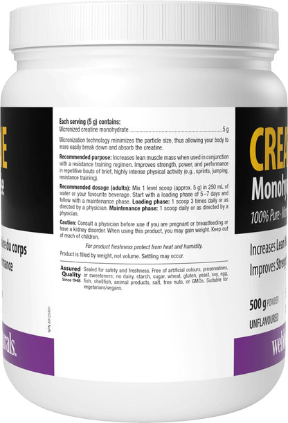 Webber Naturals Micronized Creatine Monohydrate Powder | 5g Per Serving | 100 Servings | Canadian-Made | Vegan | Supports Muscle, Strength & Performance | Unflavored | For Men & Women Webber Naturals