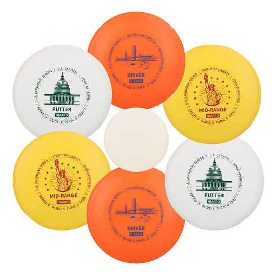 HIAARO Disc Golf Starter Discs Set | U.S. Landmark Series | 150 Class, 145-150g | PDGA Approved | Include 2*Driver 2*Mid-Range 2*Putter 1*Mini Marker - Available at All In One Marketplace Canada