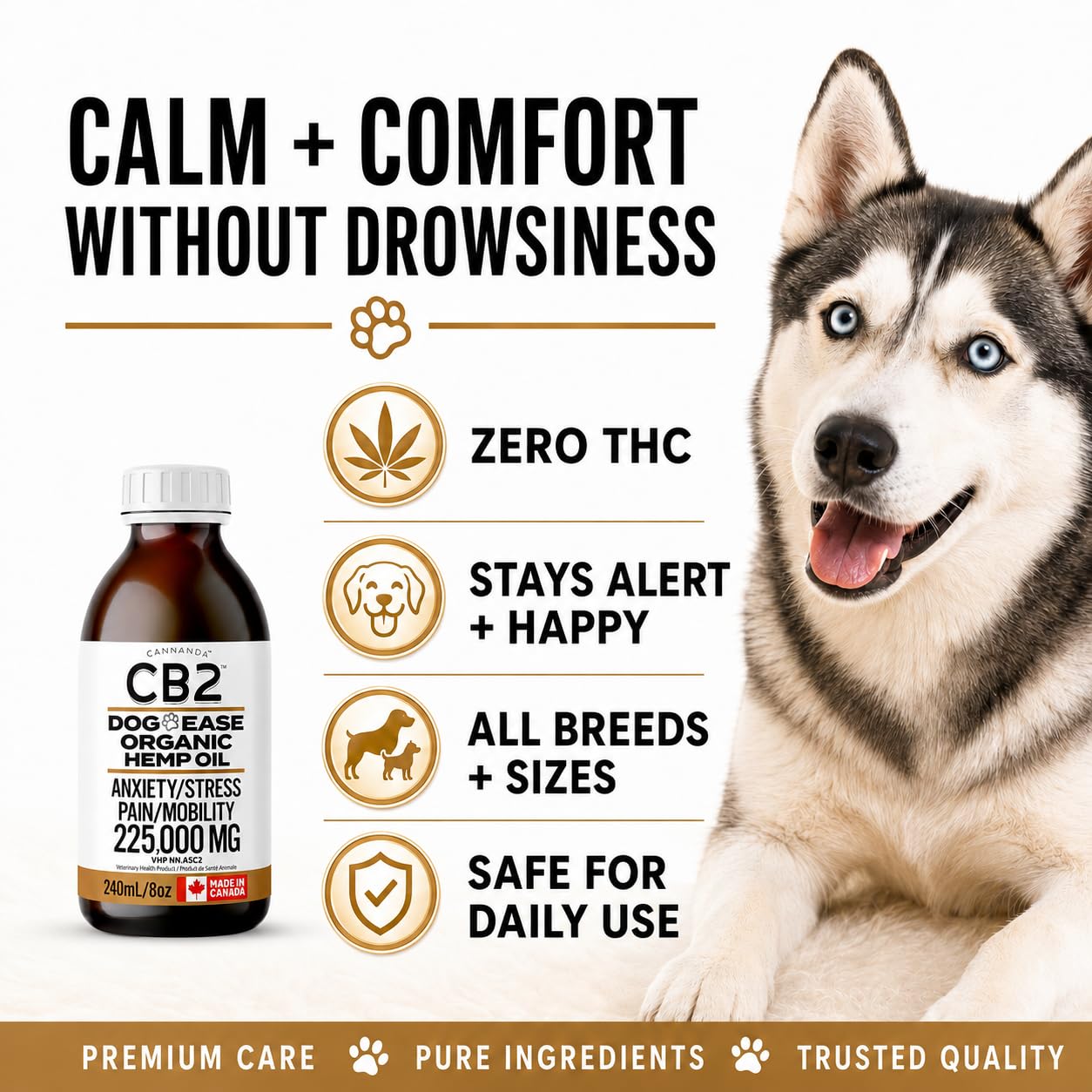 CB2 Hemp Oil for Dogs [225,000mg / 240mL / Organic] - Natural Hip and Joint Supplement for Dogs - Calming Anxiety Relief - Extra Strength for Pain, Inflammation, Arthritis, Stress, Aggression
