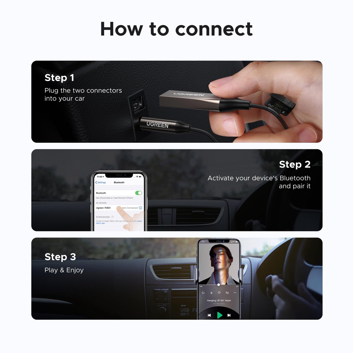 UGREEN Aux to Bluetooth 6.0 Car Adapter with LDAC, 3.5mm Aux Adapter for Auto Built-in Microphone, Car Bluetooth Audio Receiver for Hands-Free Calls Compatible with Car Speaker & Home Audio