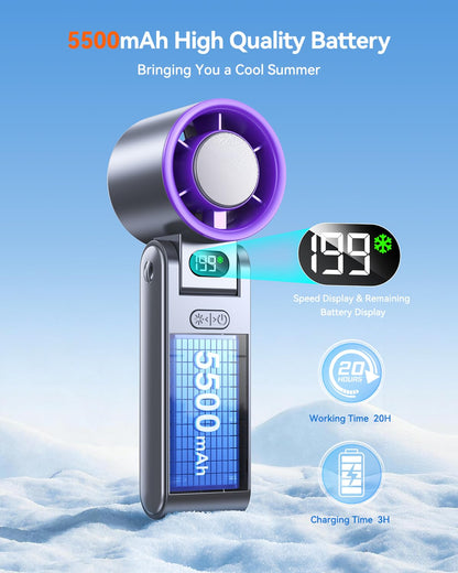 Portable Handheld Turbo Fan with Ice Cooler, 199 Speed Personal Fan,5500mAh Rechargeable,20H Cooling Time,20000 RPM Powerful Silent Motor, Summer Essential for Travel/Outdoor/Office, Grey Purple - Available at All In One Marketplace Canada