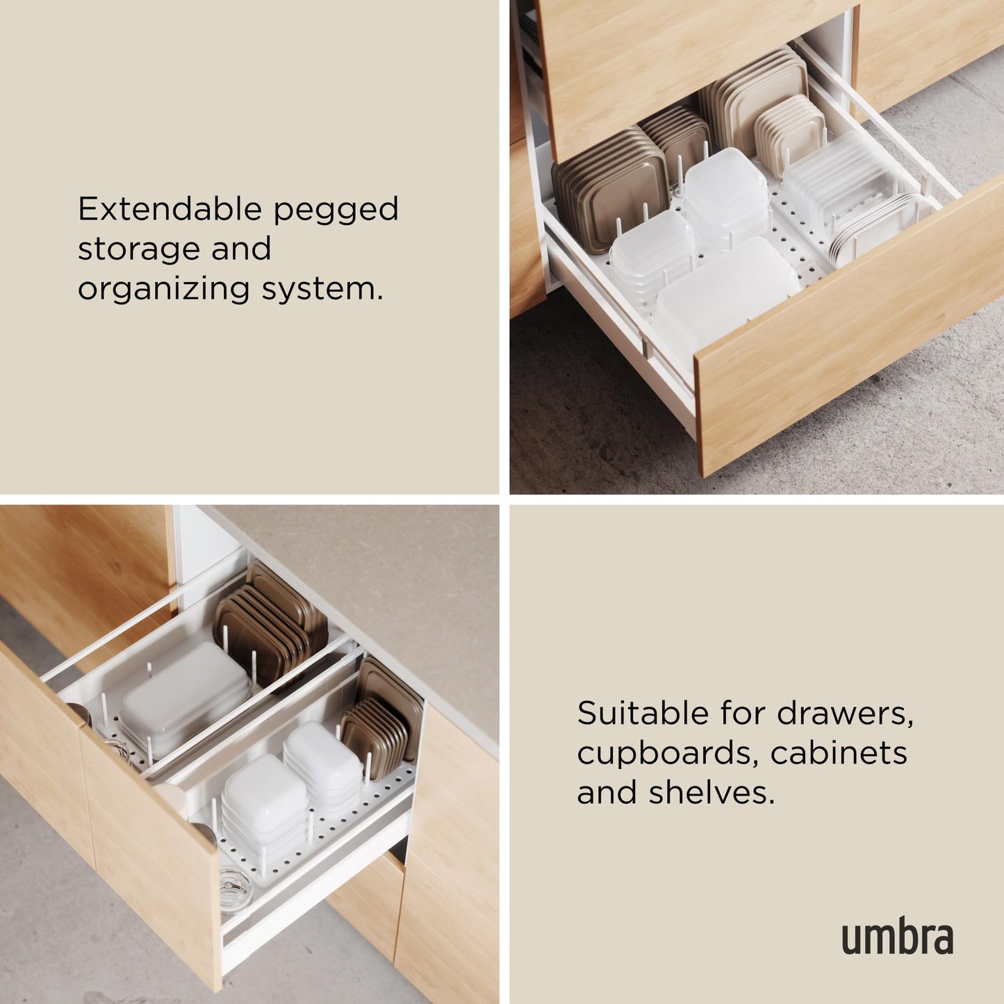 Umbra Peggy Kitchen Drawer Cupboard Organizer Tray - Adjustable Storage System For Food Containers, Cookware, Serveware, Utensils and More, White Umbra