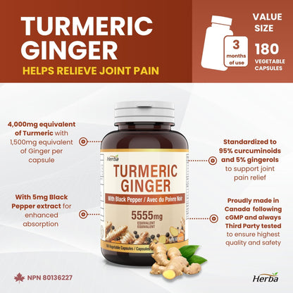 Herba Turmeric Supplements for Inflammation with Black Pepper and Ginger - 180 Capsules | 5,555mg Equiv. with 95% Turmeric Curcumin Supplements with Black Pepper | Joint Pain Relief | Made in Canada - Available at All In One Marketplace Canada