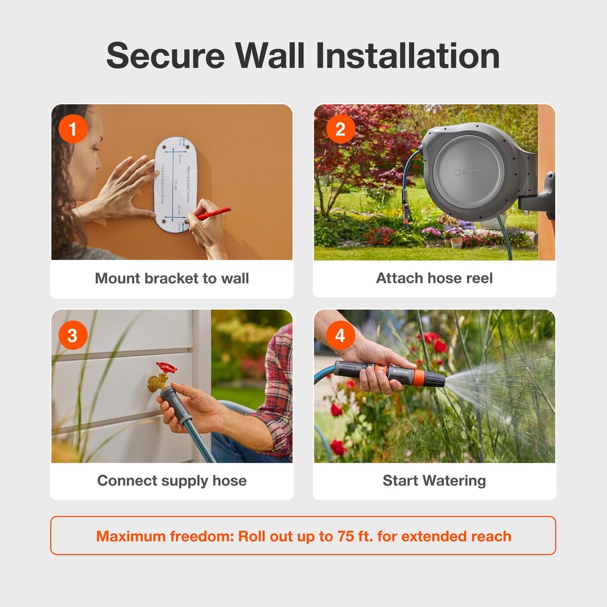GARDENA 20502-80, Retractable Garden Hose Reel 75' x 1/2" Hose, Wall Mounted, Automatic Retraction & Length Lock for Easy Watering. Heavy Duty Swivel Bracket 180°, Includes Nozzle. Made in Europe 🍁 All In One Marketplace Canada GARDENA