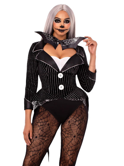 Leg Avenue 2 PC Halloween Baddie Costume, Includes Striped Velvet Bodysuit with Snap Crotch and Wing Bow Tie, Medium, BLACK