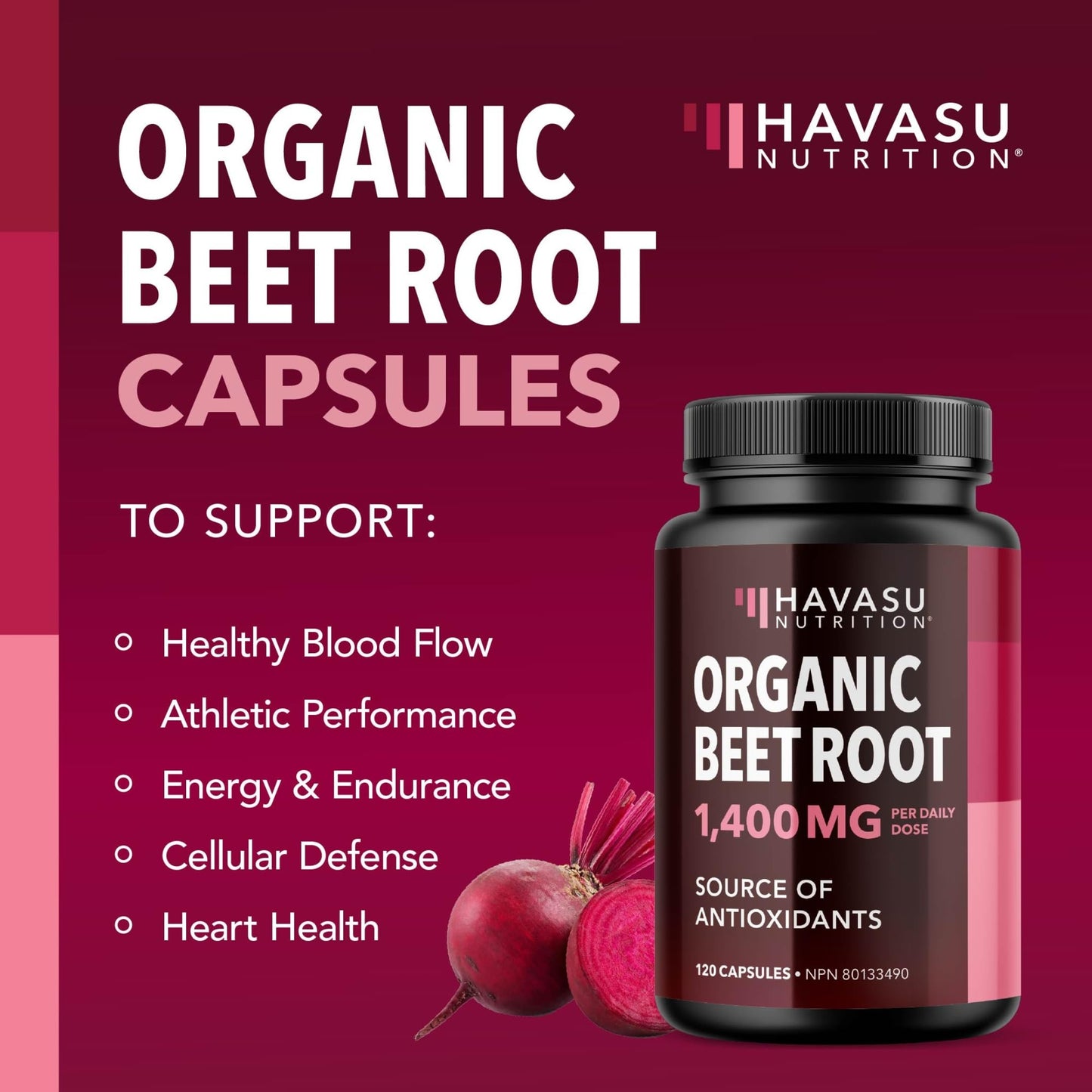 Organic Beetroot Capsules 1400MG | Potent Nitric Oxide for Healthy Blood Flow Support & Energy | 700MG Beetroot Powder Per Capsule | Nitric Oxide Supplements for Men & Women | Made in Canada | 120 Ct