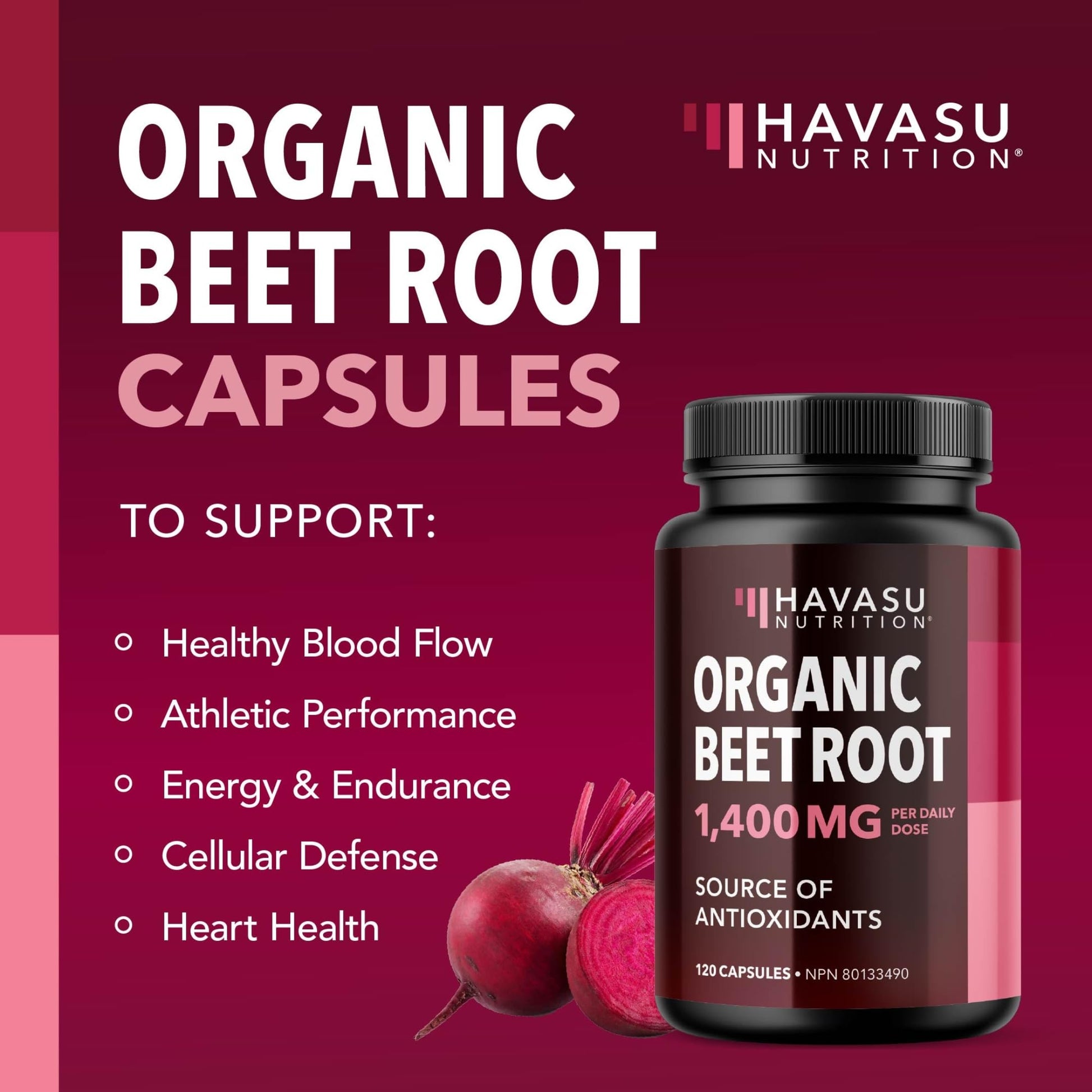 Organic Beetroot Capsules 1400MG | Potent Nitric Oxide for Healthy Blood Flow Support & Energy | 700MG Beetroot Powder Per Capsule | Nitric Oxide Supplements for Men & Women | Made in Canada | 120 Ct