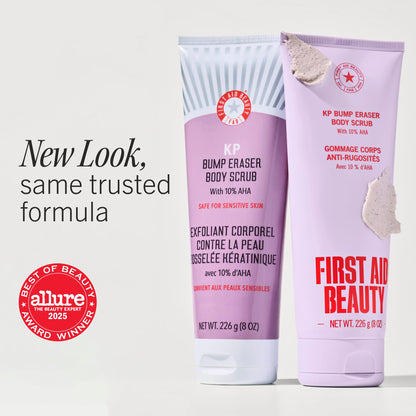 First Aid Beauty KP Bump Eraser Body Scrub, 10% AHA Keratosis Pilaris Exfoliator - Glycolic & Lactic Acid with Pumice, Treatment for Strawberry Legs, Razor Bumps & Rough Bumpy Skin, Safe for Sensitive Skin, 10 oz, Unscented First Aid Beauty