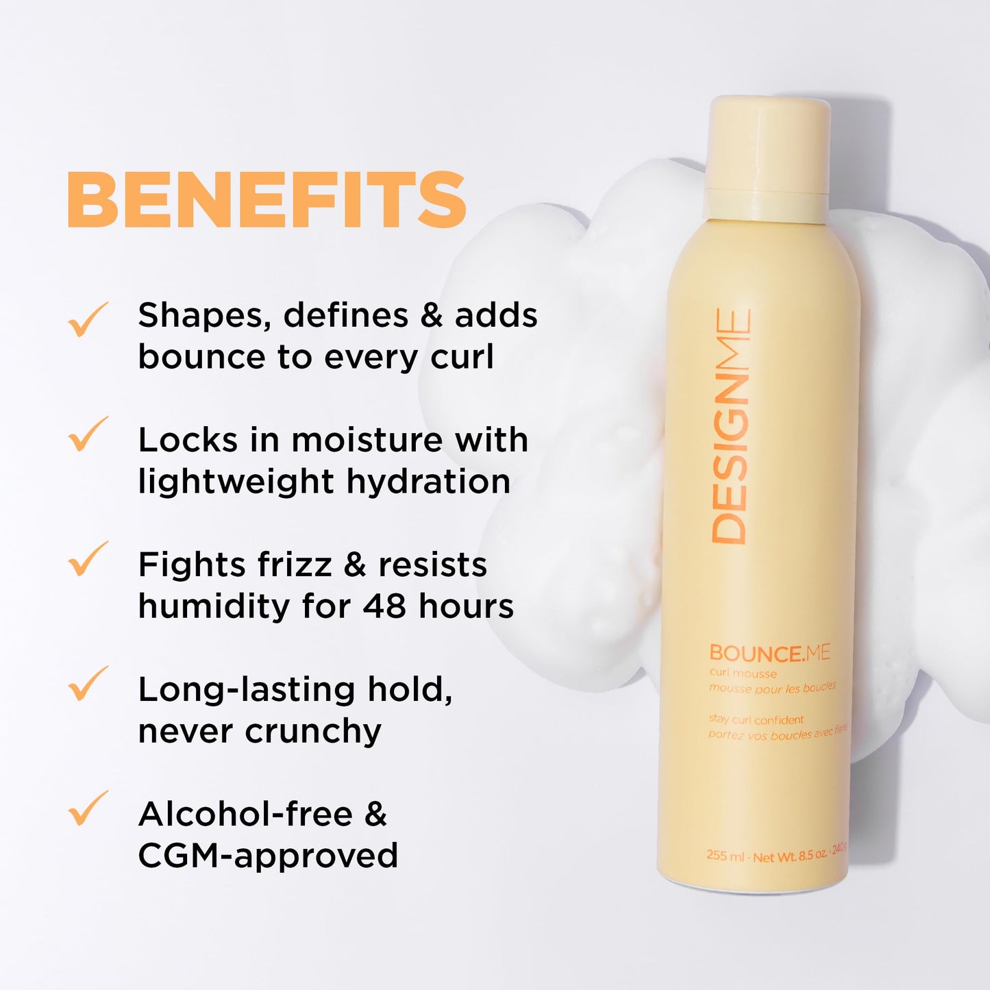 Design.Me BOUNCE.ME Curl Mousse | Lightweight Curl Defining for Wavy & Curly Hair | Frizz Control, Humidity Resistant, Alcohol-Free Mousse for Hair Styling | CGM Approved Design.Me