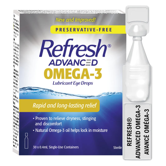 Refresh Advanced Omega-3 Lubricant Eye Drops – Preservative-Free, Natural Omega-3 Oil for Long-Lasting Dry Eye Relief – 30 Single-Use Containers (0.4ml Each) - Total 12 mL - Available at All In One Marketplace Canada