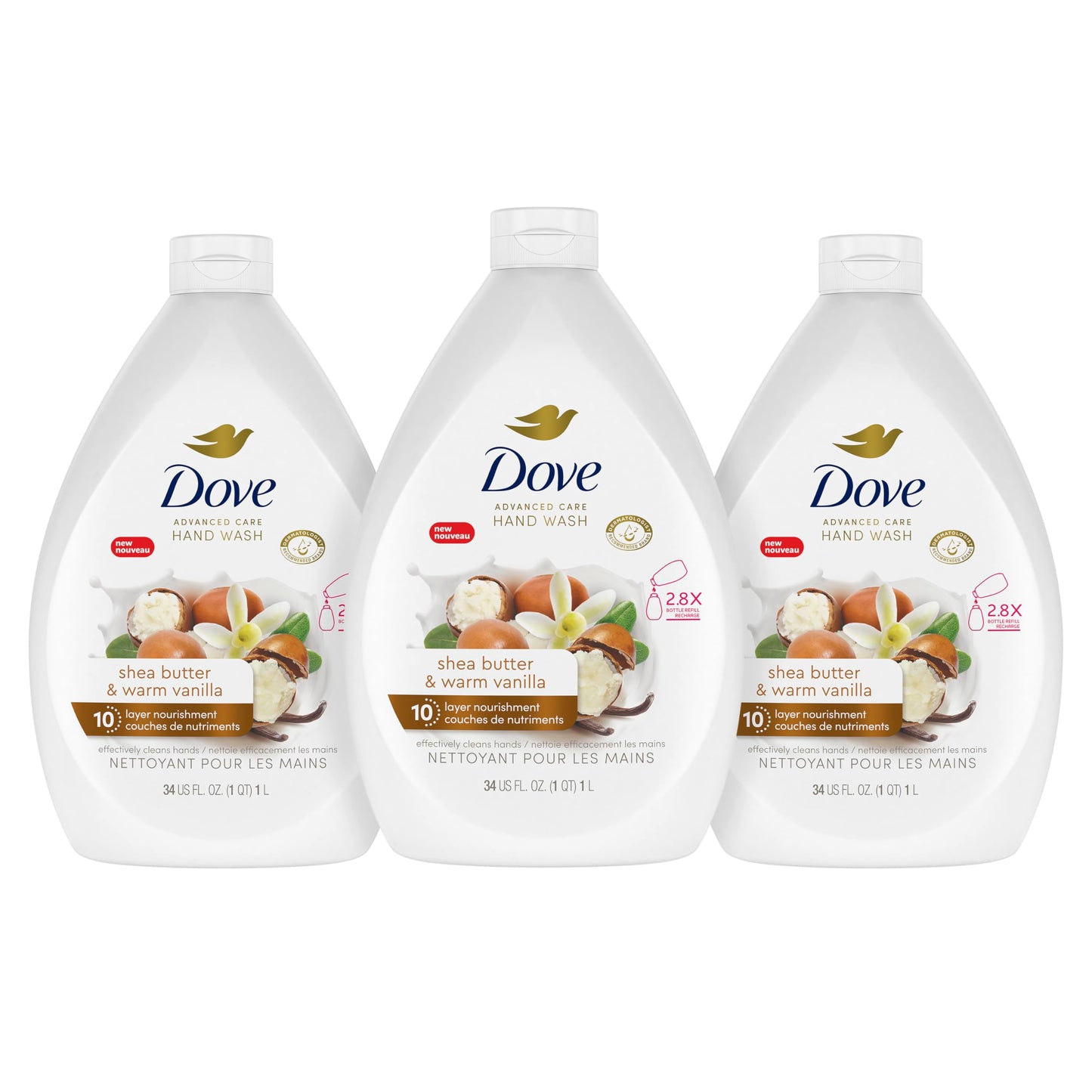 Dove Advanced Care Shea Butter & Warm Vanilla Hand Wash for soft, smooth skin, Bottle Refill nourishes skin 10 layers deep, 1 L (Pack Of 3) Dove