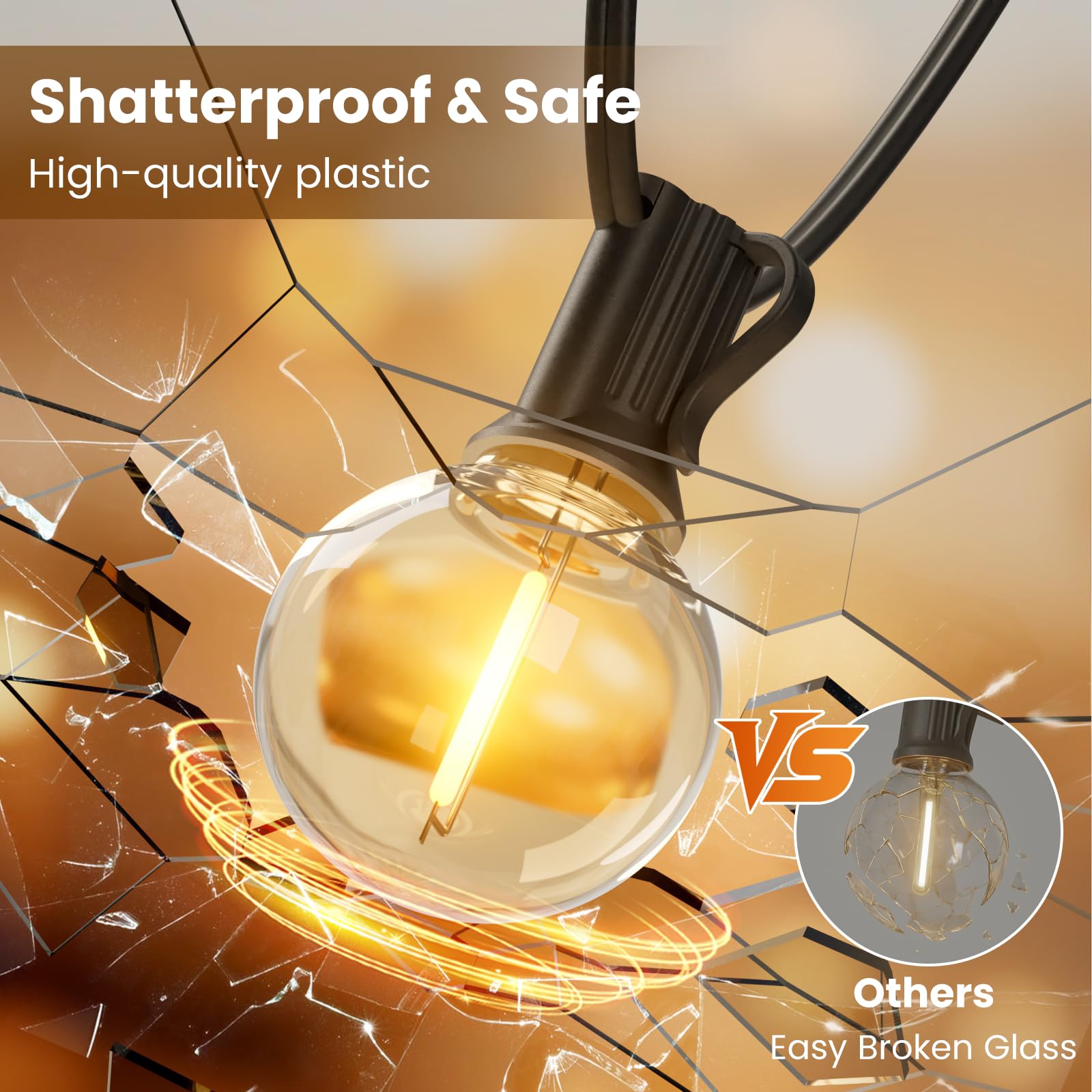 RTTY Outdoor String Lights Patio Light for Outside Waterproof G40 Shatterproof LED Bulbs, Dimmable Hanging Connectable Globe Lighting for Bistro, Backyard, Cafe, Porch, 2700K, 50 FT 26pcs