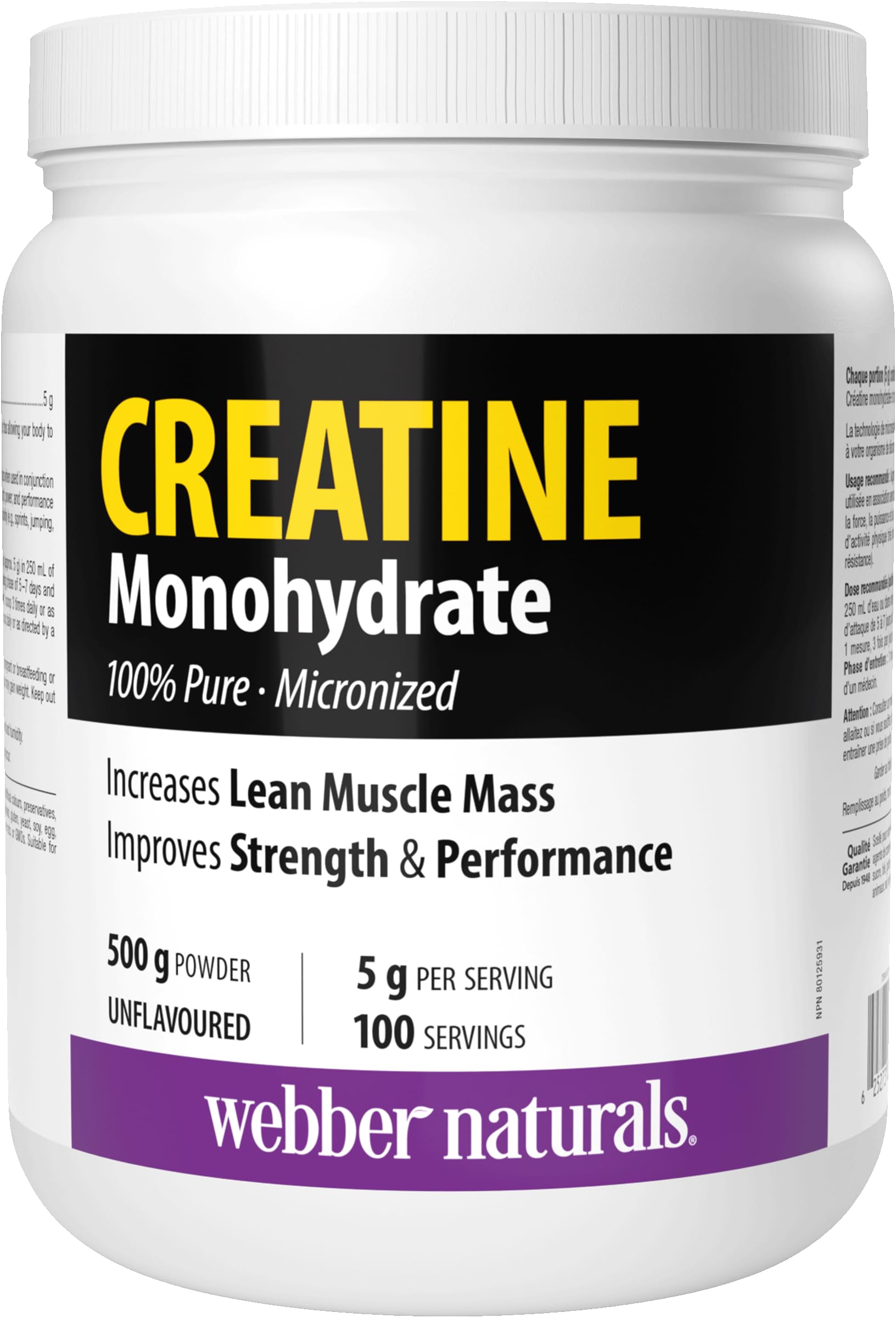 Webber Naturals Micronized Creatine Monohydrate Powder | 5g Per Serving | 100 Servings | Canadian-Made | Vegan | Supports Muscle, Strength & Performance | Unflavored | For Men & Women Webber Naturals