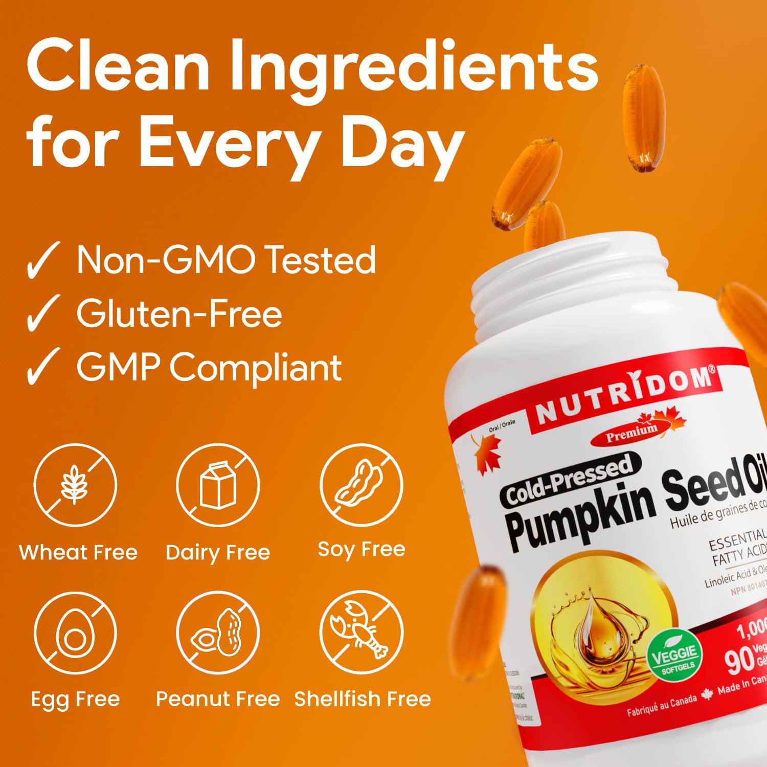 Nutridom Pumpkin Seed Oil Capsules 1000 mg, 90 Veggie Softgels, Cold-Pressed, Essential Fatty Acids, Linoleic & Oleic Acid, Vegan, Non-GMO, Gluten Free, Soy Free, Made in Canada - Available at All In One Marketplace Canada