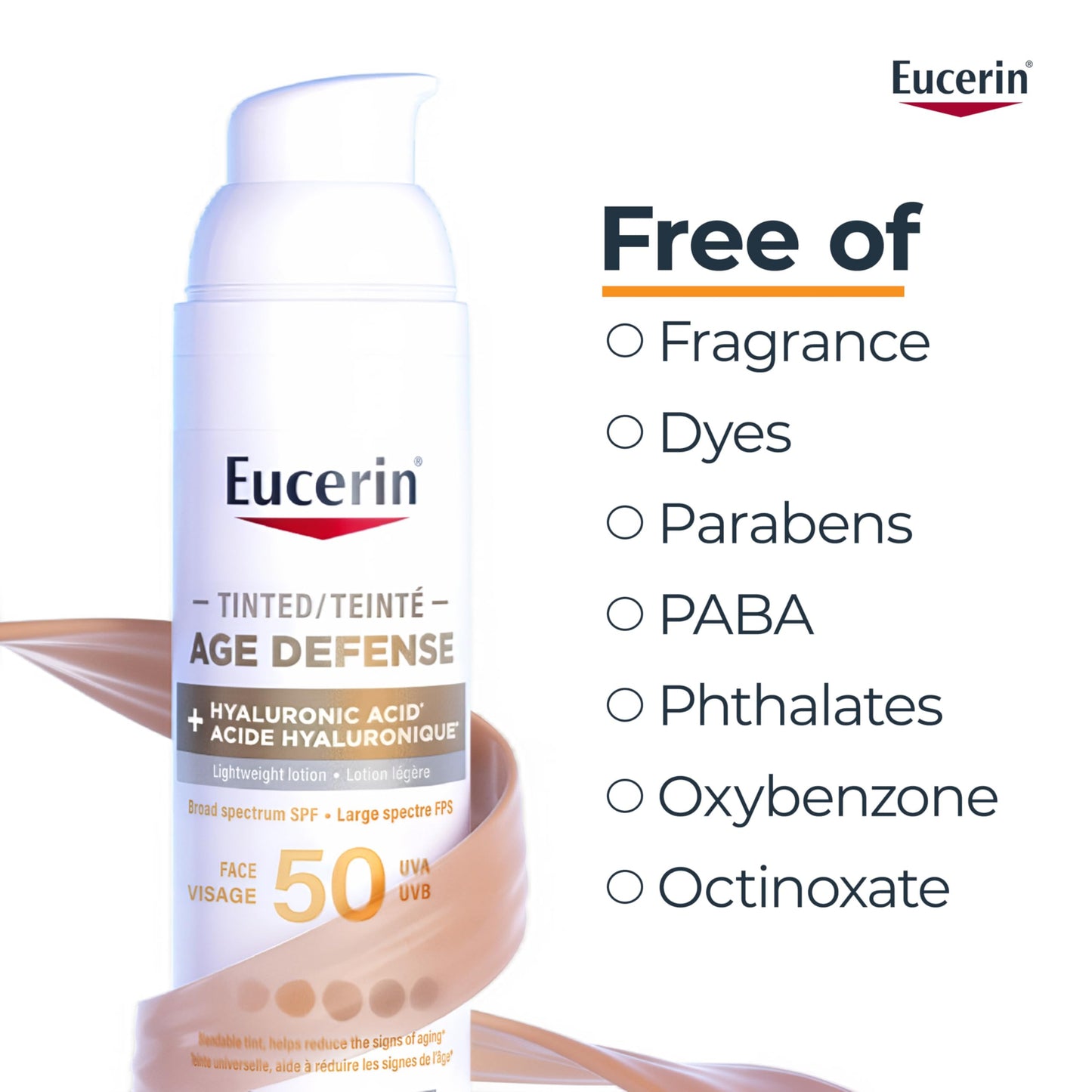 Eucerin Tinted Age Defense SPF 50 Face Sunscreen, Daily Face Sunscreen SPF 50 With Hyaluronic Acid and Antioxidants, Body SPF 50 Lotion with UVA-UVB Sun Protection, Fragrance Free & Non Greasy, 50 ml - Available at All In One Marketplace Canada