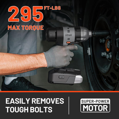 LiTHELi 20V Cordless Impact Wrench Kit with 2.0Ah Battery, 1/2" Hog Ring Impact Gun, Max 295ft-lbs & 3000IPM, 5 Torque Settings, 5 Sockets & Blow Molded Case, for Car Tire, Home Repair & DIY