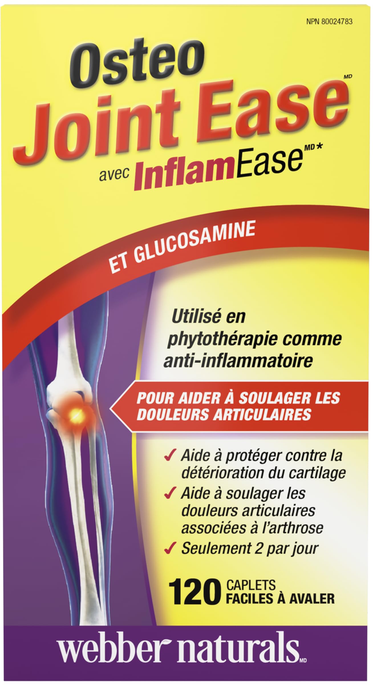 Webber Naturals Osteo Joint Ease with InflamEase and Glucosamine, Helps Ease Joint Pain Associated with Osteoarthritis, 120 Caplets Webber Naturals