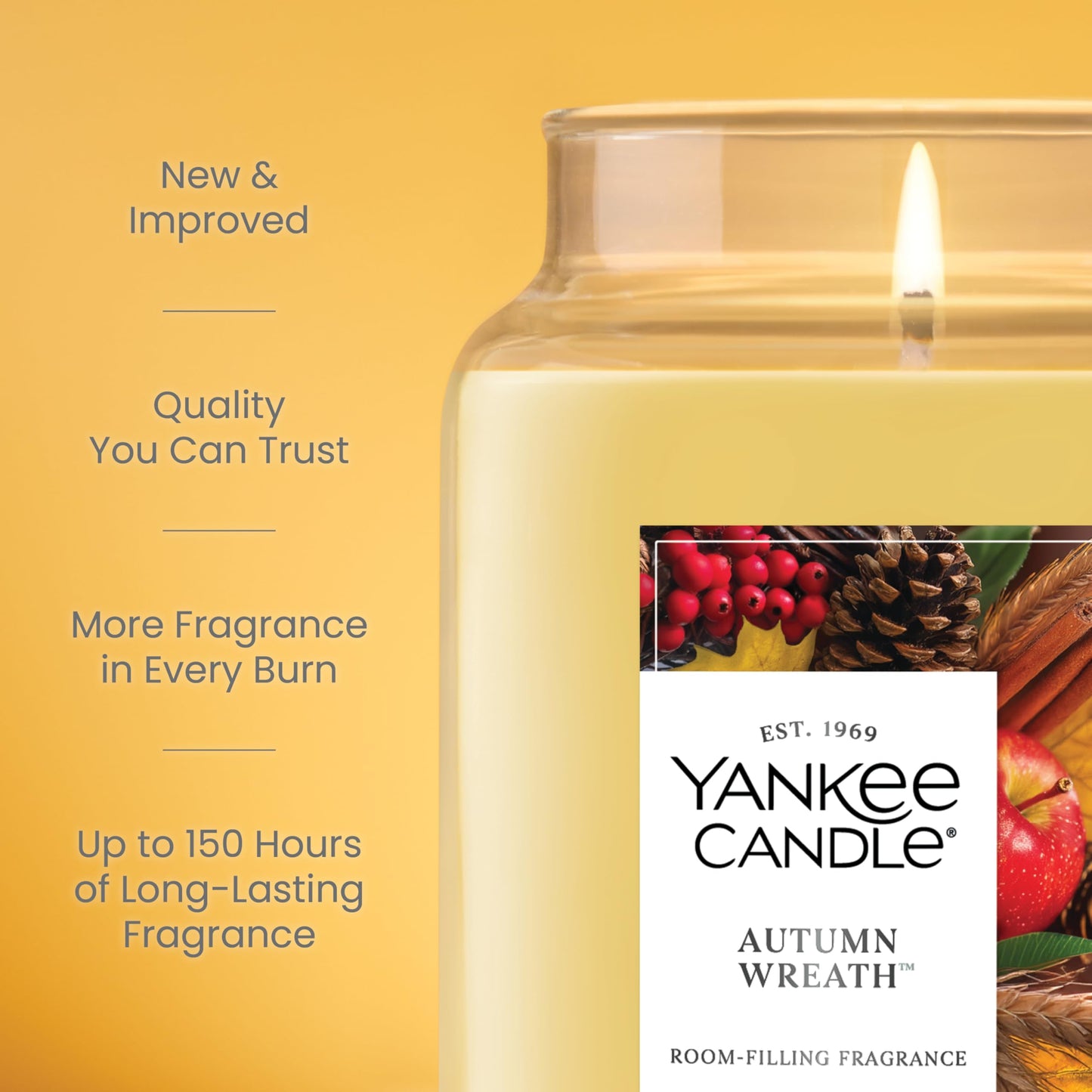 Yankee Candle Large Jar Scented Candle with up to 150 Hour Burn Time, Premium Plant Wax Blend for Cleaner Consistent Burn and Room Filling Fragrance, 22 oz, Autumn Wreath Yankee Candle