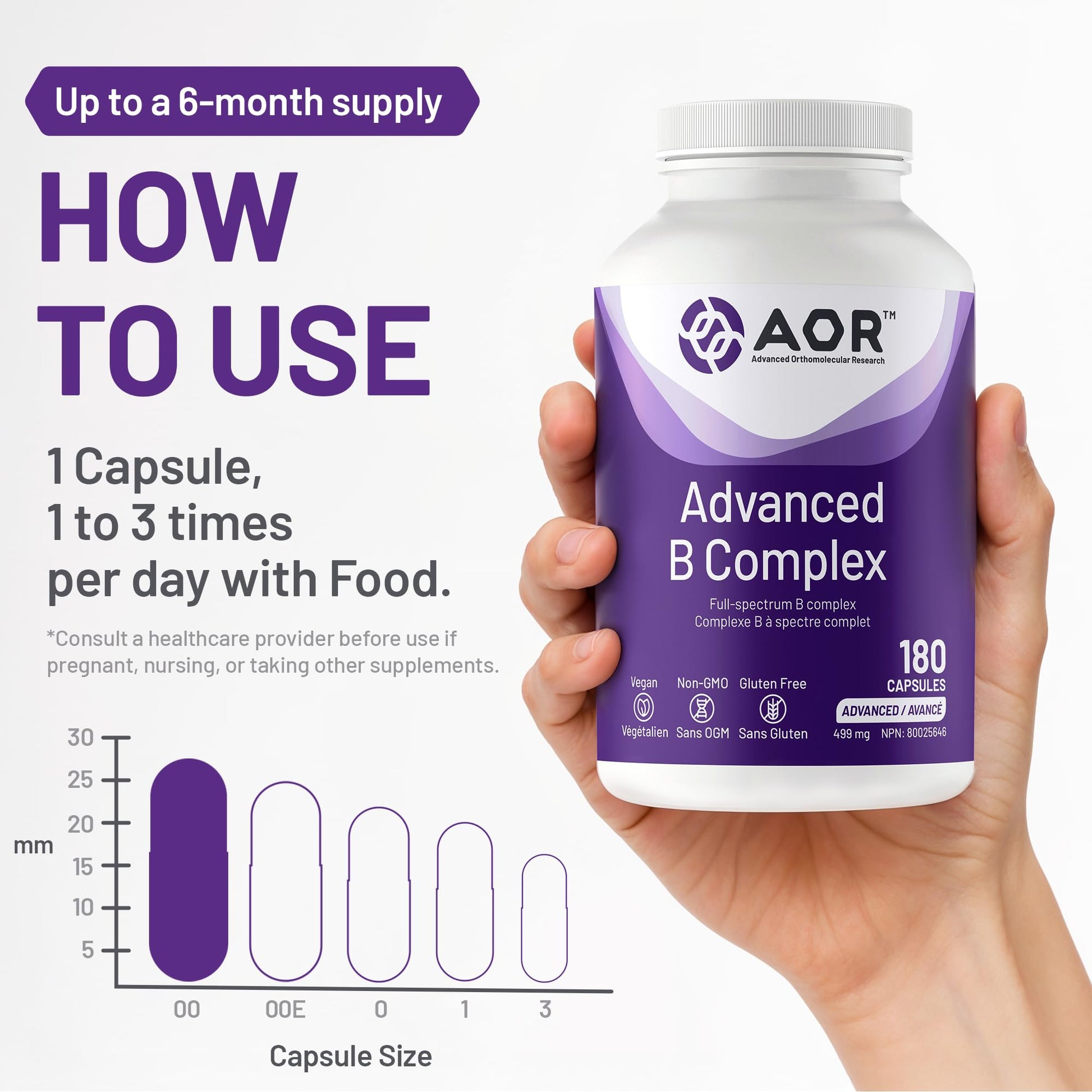 AOR Advanced B Complex Capsules, 180 Count 180-Day Supply - Full-Spectrum B Vitamin Blend with B1, B2, B3, B5, B6, B12, Inositol, Folic Acid & Biotin - Vegan, Non-GMO & Gluten-Free - Promotes Energy