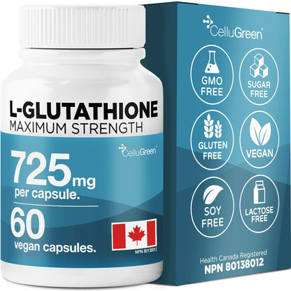 CelluGreen 725mg L-Glutathione MOST POWERFUL AVAILABLE Antioxidant Support for Cellular Health, Liver Detox, Skin & Immune Health, Vegan, Made in Canada. 60 Capsules - Available at All In One Marketplace Canada