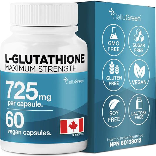 CelluGreen 725mg L-Glutathione MOST POWERFUL AVAILABLE Antioxidant Support for Cellular Health, Liver Detox, Skin & Immune Health, Vegan, Made in Canada. 60 Capsules - Available at All In One Marketplace Canada