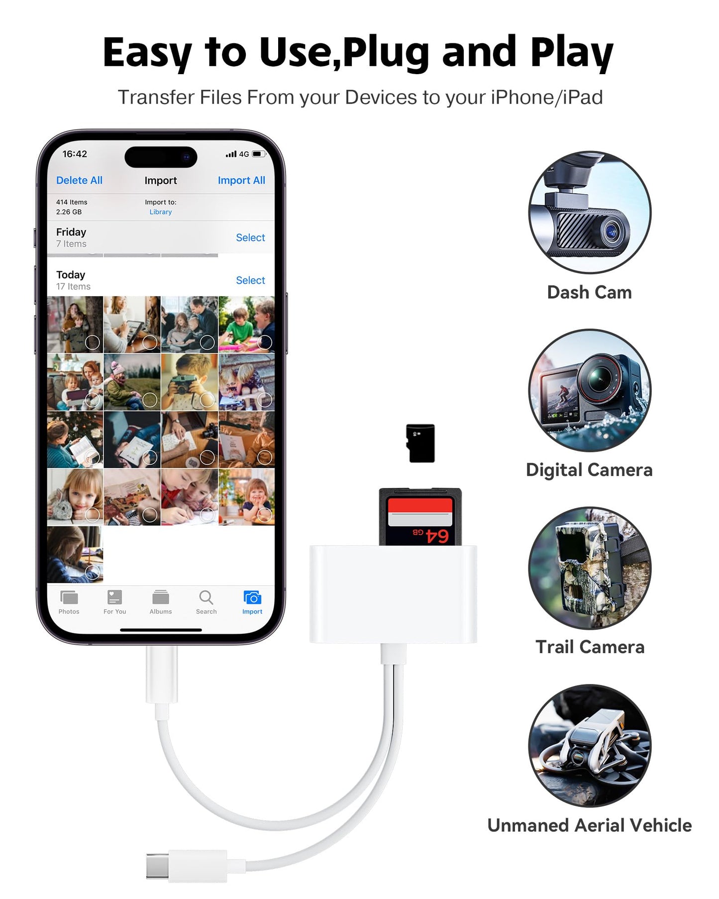 SD Card Reader for iPhone iPad Camera with USB C, Dual Card Slot USB 3.0 Memory Card Reader Supports SD/TF Card Trail Camera Viewer SD Card Adapter Portable Micro SD Card Reader No App Plug and Play